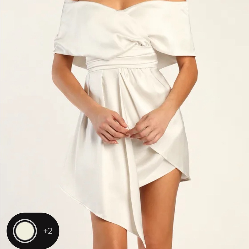 Ivory satin off the shoulder dress